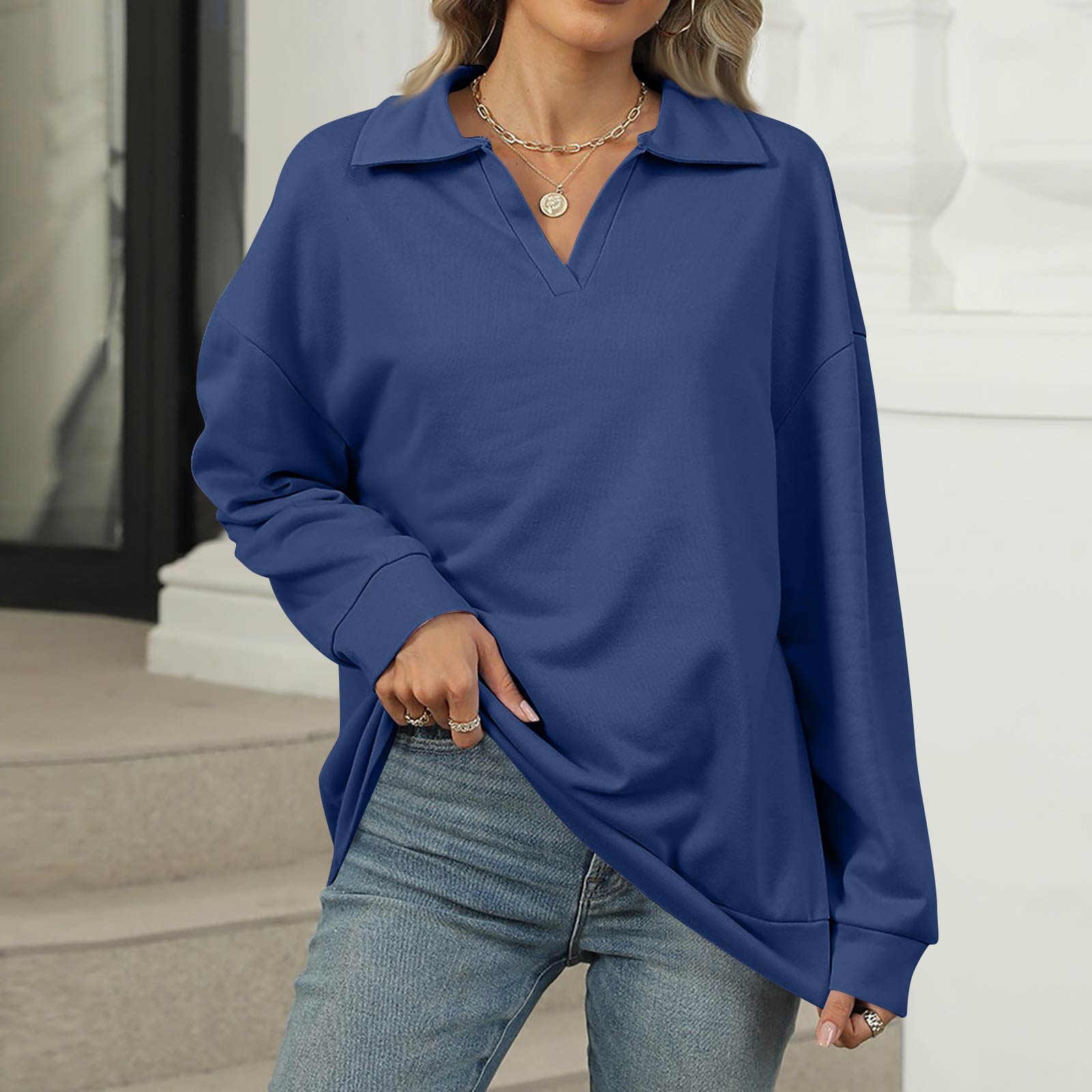 

Женский модный свитшот оверсайз однотонный с V-образным вырезом и длинным рукавом, повседневный топ XXL