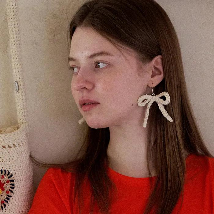No.201 / Ribbon Crochet Earrings (Silver 925) _ (Ribbon Color) Cream