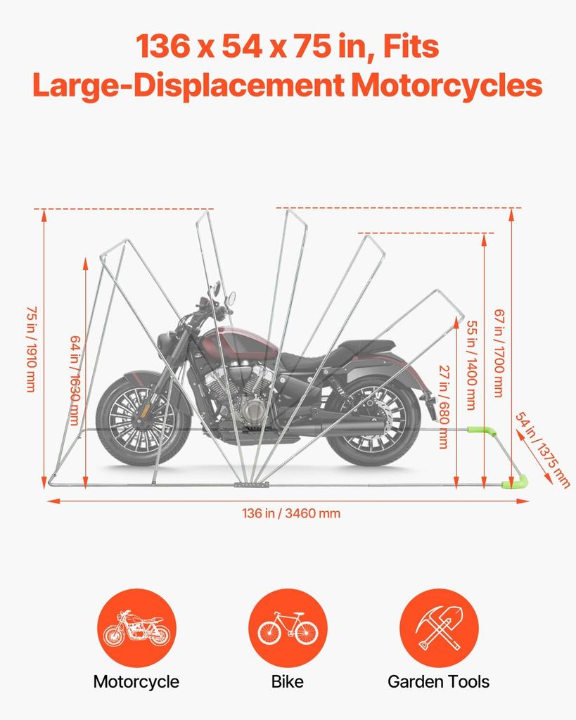 Motorcycle Storage Shelter with Security Lock, 600D Oxford Flip-Up Garage Tent, Heavy-Duty All-Weather Motorcycle Cover with Ventilation Windows,