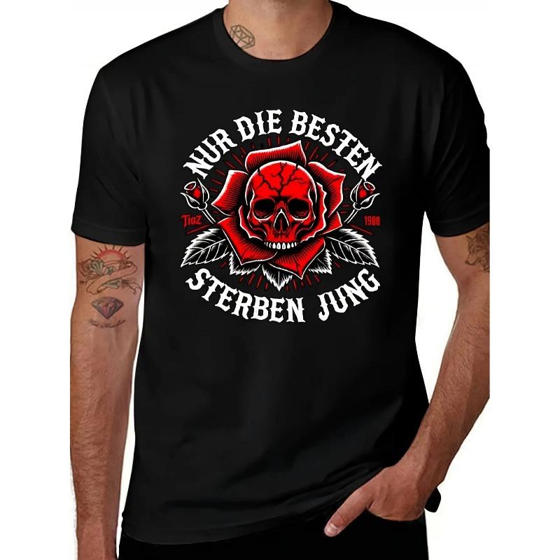 Herren T-Shirt mit deutschem Text & Totenkopf-Rosen-Grafik - "Die Besten Sind Unter Dir (Beste bist du)"""Rot & Print, Locker geschnitten, Rundhals, Lässiges Sommer-T-Shirt"""