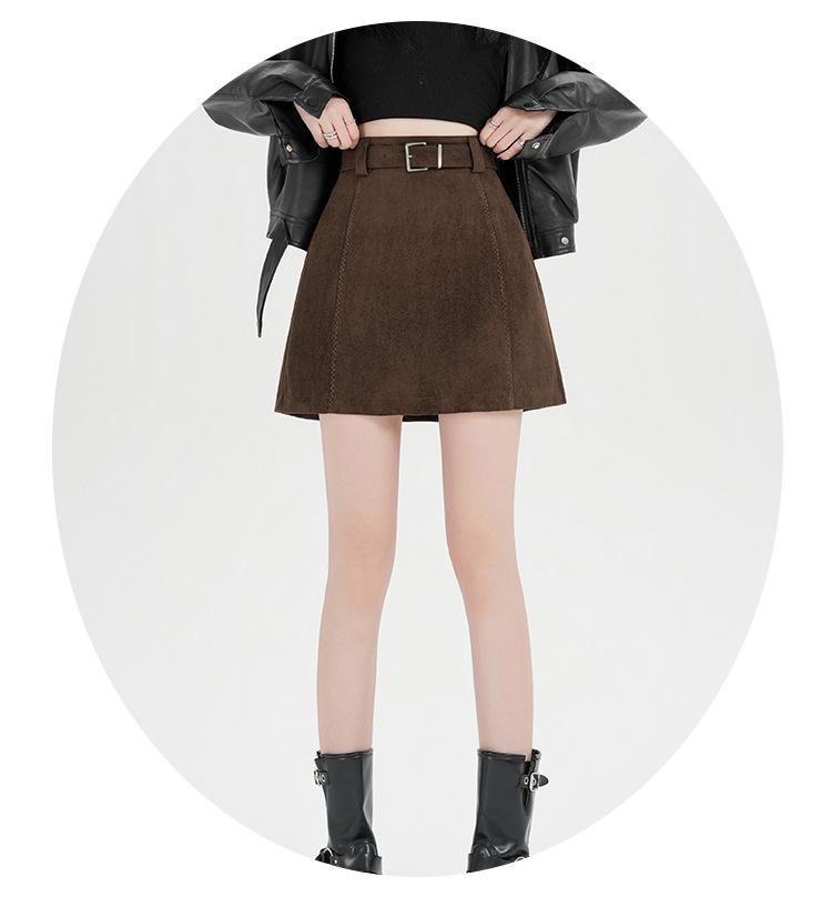 Elegant High-Waist Suede A-line Skirt for Women - Coffee Color, Anti-exposure, Slimming and Hip-hugging, Perfect for Spring and Fall.