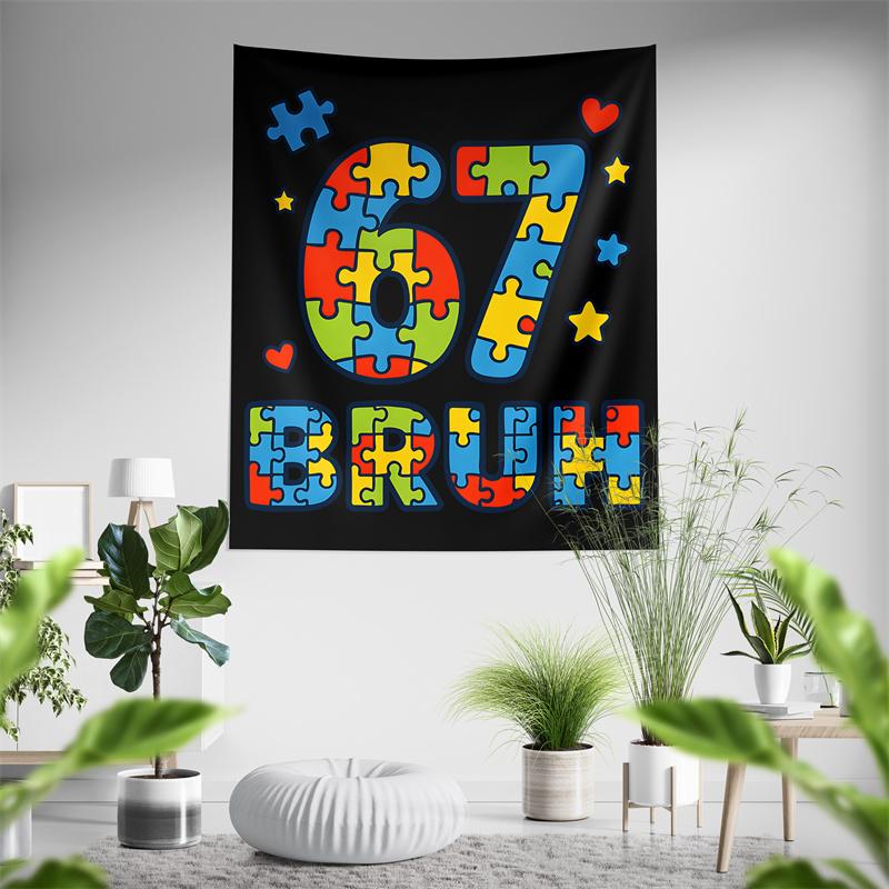 Aertemisi Six Seven Bruh 67 Autism Puzzle 6 7 Meme Tapestry Wall Hanging Art for Bedroom Living Room Decor Dorm