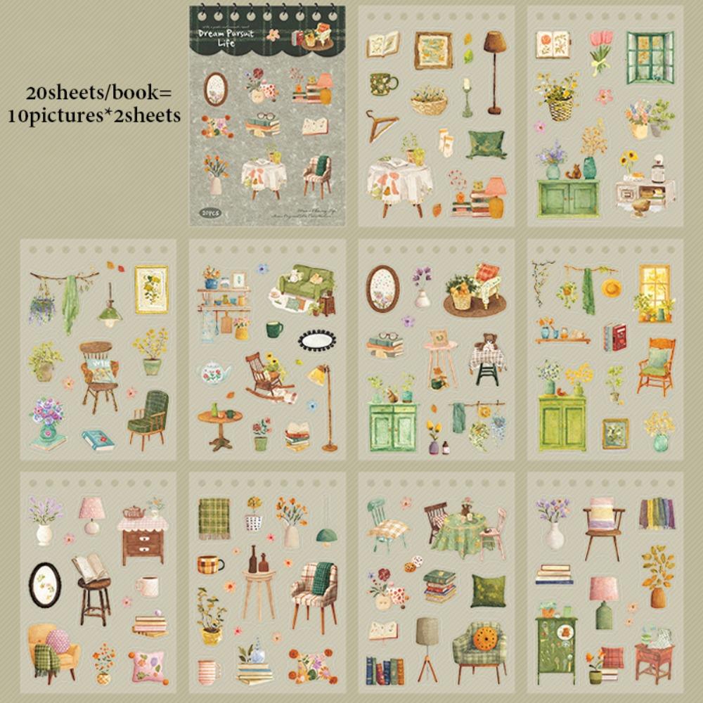 

Dream Pursuit Life Series Die-Cut Sticker Book 20 Sheets Journal Scrapbook DIY Life Theme Materials PET Photo Frame Decor