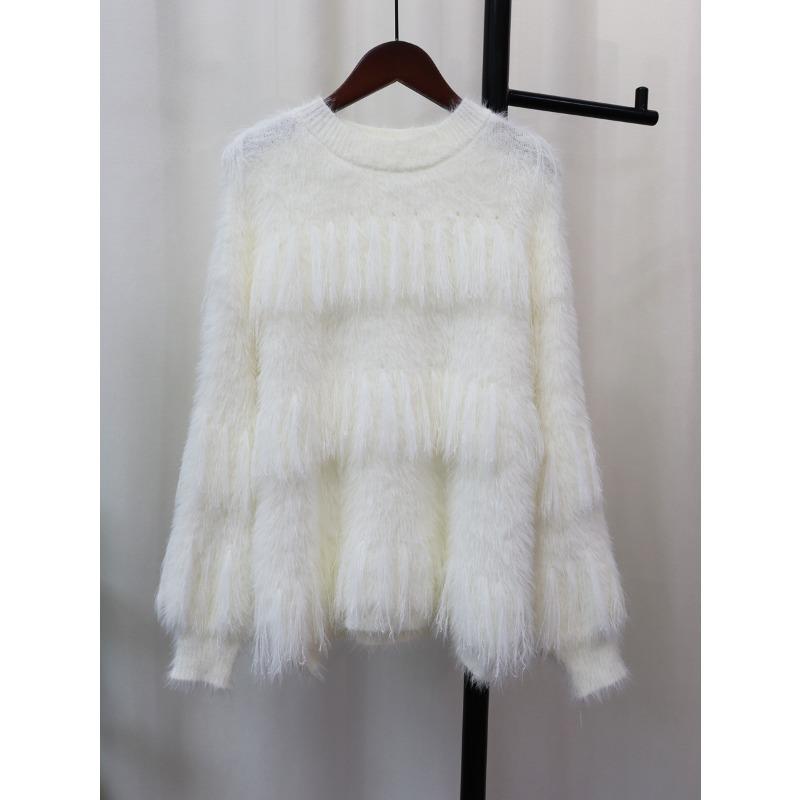 Soft Waxy Imitation Mink Fleece Knitted Sweater Top Women's Autumn and Winter New Tassel Design Loose Sweater Pullover