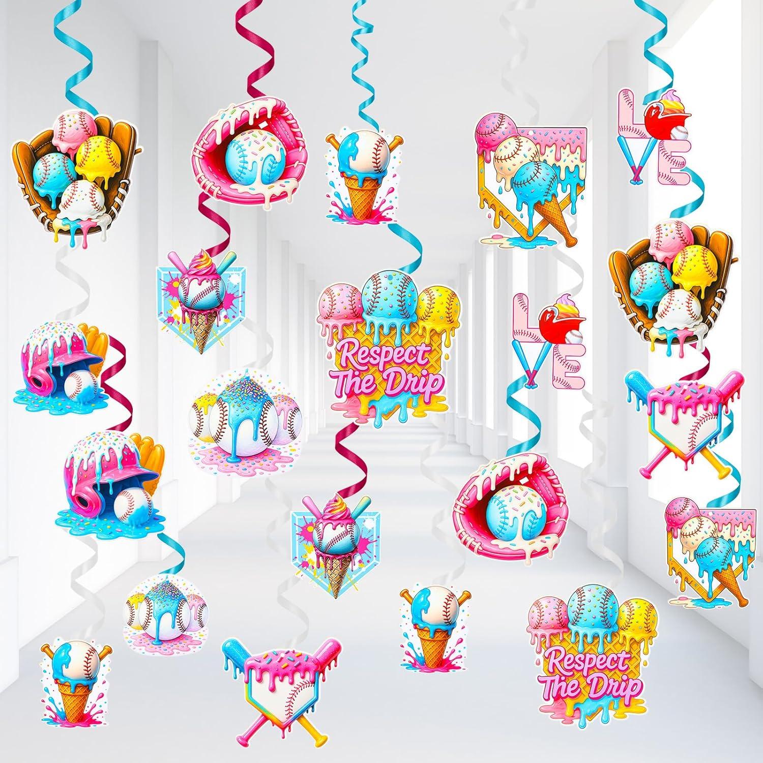 Epakh 30 Pcs Ice Cream Drip Baseball Party Decorations Ice Cream Baseball Hanging Swirls Ceiling Streamers Decor for Sport Party Favors Birthday