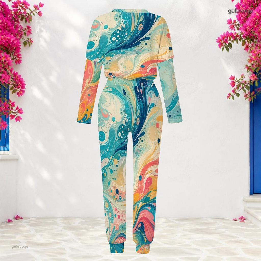 Women Plus Size Round Neck Long Sleeve Black Gold Printed Cuffed Top And Cuffed Pants Two Piece Set With Pockets