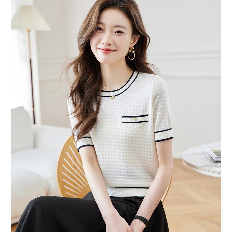 Srcr Mulberry Silk Little Fragrance Style Knitted Short Sleeve Top L