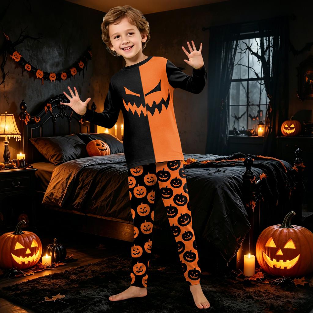 Family Matching Halloween Printed Pajama Sets with Long Sleeves and Pants for Couples and Kids