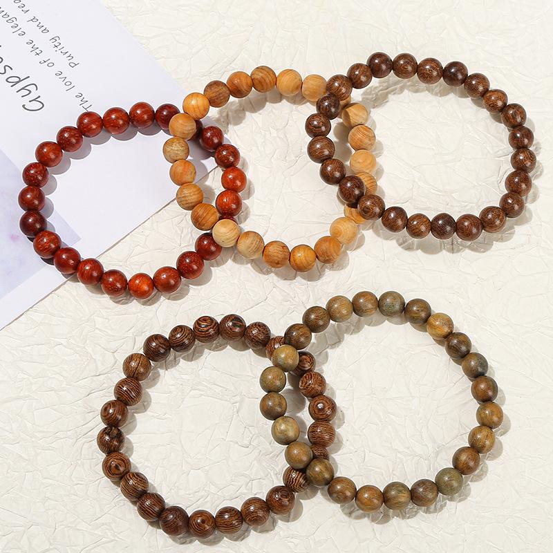 8mm Wooden Beads Bracelet Vintage Natural Wood Meditation Elastic Bracelets Women Healing Balance Ethnic Style Jewelry