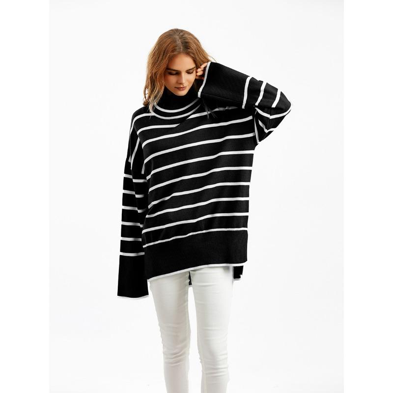 Pull en Tricot d'Automne et d'Hiver pour Femmes à Col Roulé Rayé Contrastant Ample et Décontracté