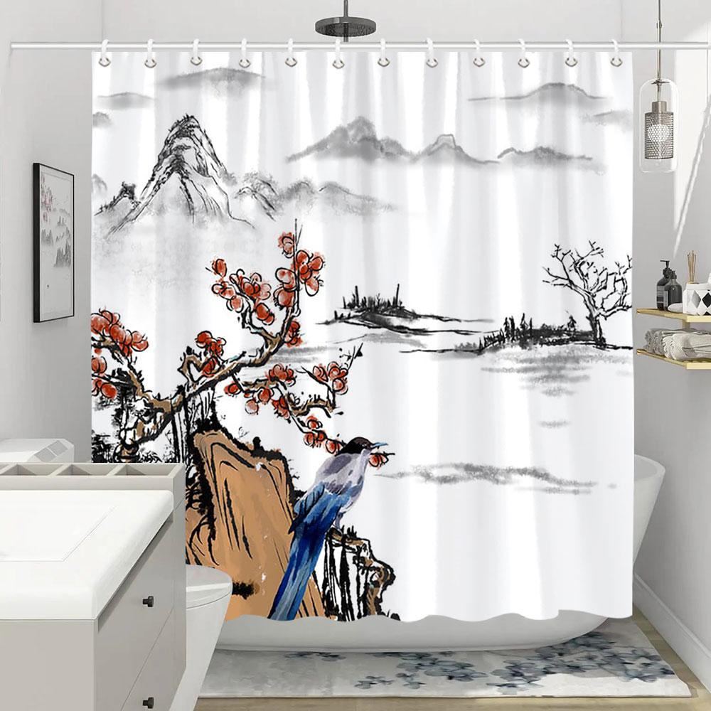 Shower Curtain Red Plum Blossom Branch Japanese Chinese Oriental Sun Misty Mountains Ink Nature Landscape Bathroom Curtains