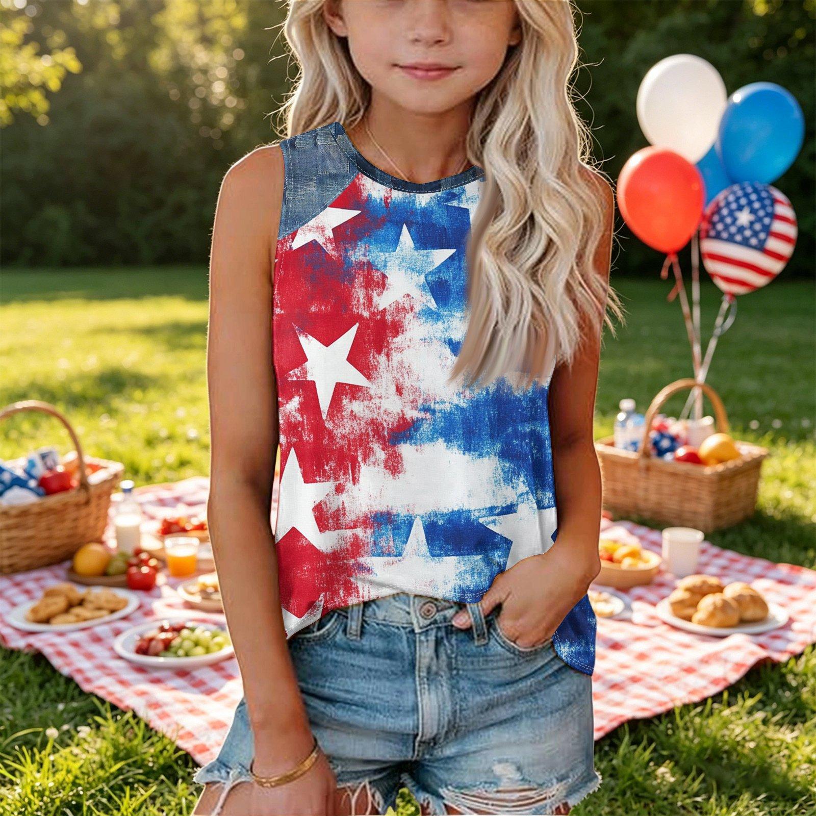 

Sleeveless Loose Fit Tank Top for Women Round Neck Denim Patchwork American Flag Print Summer Casual Shirt 140