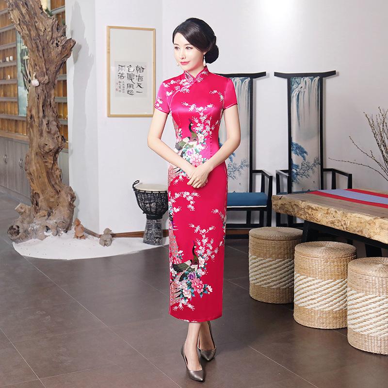 Damenkleid Seidensatin Schlankmachend Bedruckt Kurzarm Lang Cheongsam Kleid