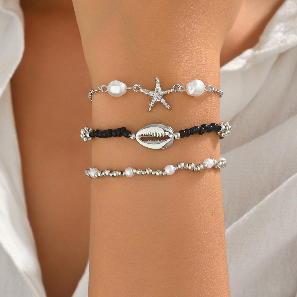 European and American Women's Bracelet, Fashionable Ocean Style Beaded Design Shell Starfish Bracelet Set, Versatile Jewelry.