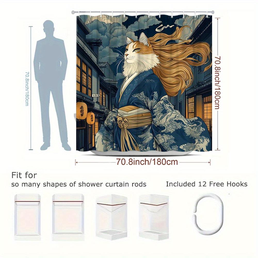 1Pc Cat Shower Curtain Warrior Cat House Pattern Japanese Style Cartoon Animal Shower Curtain With 12 Hooks Easy To Install Size