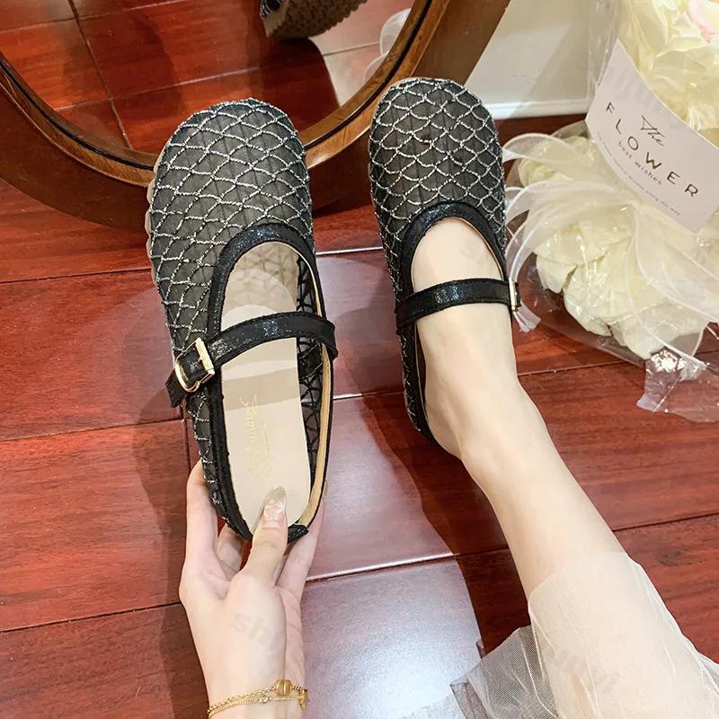 Fashion Women's Flat Slippers 2025 Summer Sandals Luxury Ballet Flats Mesh Mary Jane Shoes Ladies Summer Loafers Fashion Half Slippers