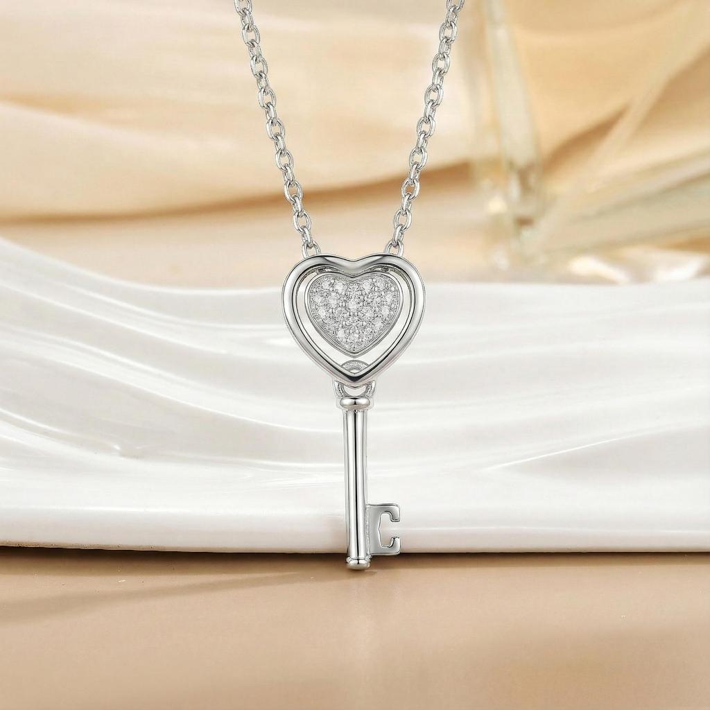 S925 Sterling Silver Heart Key Necklace: Elegant Double-Sided Pendant with Clavicle Chain for Women