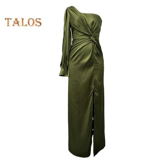 Lady Evening Dress One Shoulder Single Open Sleeve Split Hem Solid Color Slim Waist Pleated Knot Decor Solid Color Prom Cocktail Party Maxi Dress