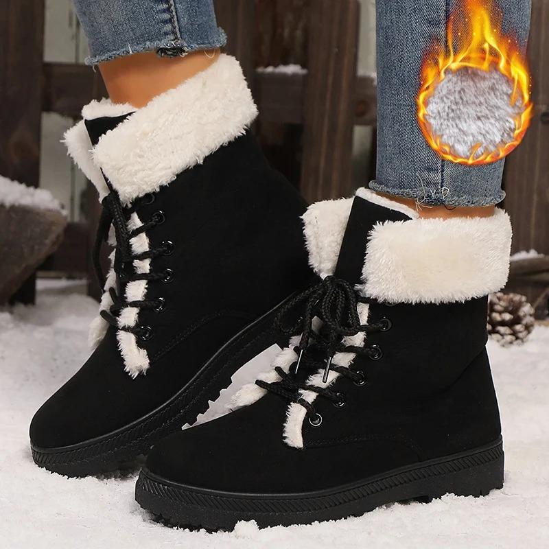 Vinter Dame Støvler Plattform Varm Pels Casual Utendørssko Mote Plysj Ankelstøvletter Høy Kvalitet Snørestøvler Pluss Størrelse 35-44