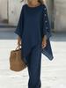 Women Solid Color Button Detail Top and Pants Set Casual Loose Fit Wide Leg Pants Two Piece Outfit