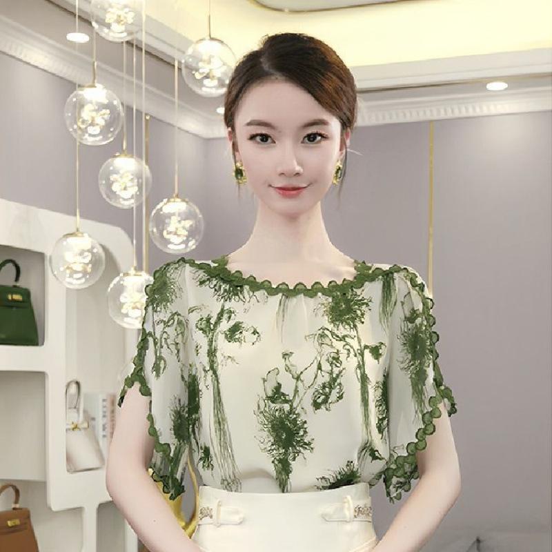 Lace Short Sleeve Shirt Summer Loose Fit Slimming Stylish Small Top Floral Edge Design