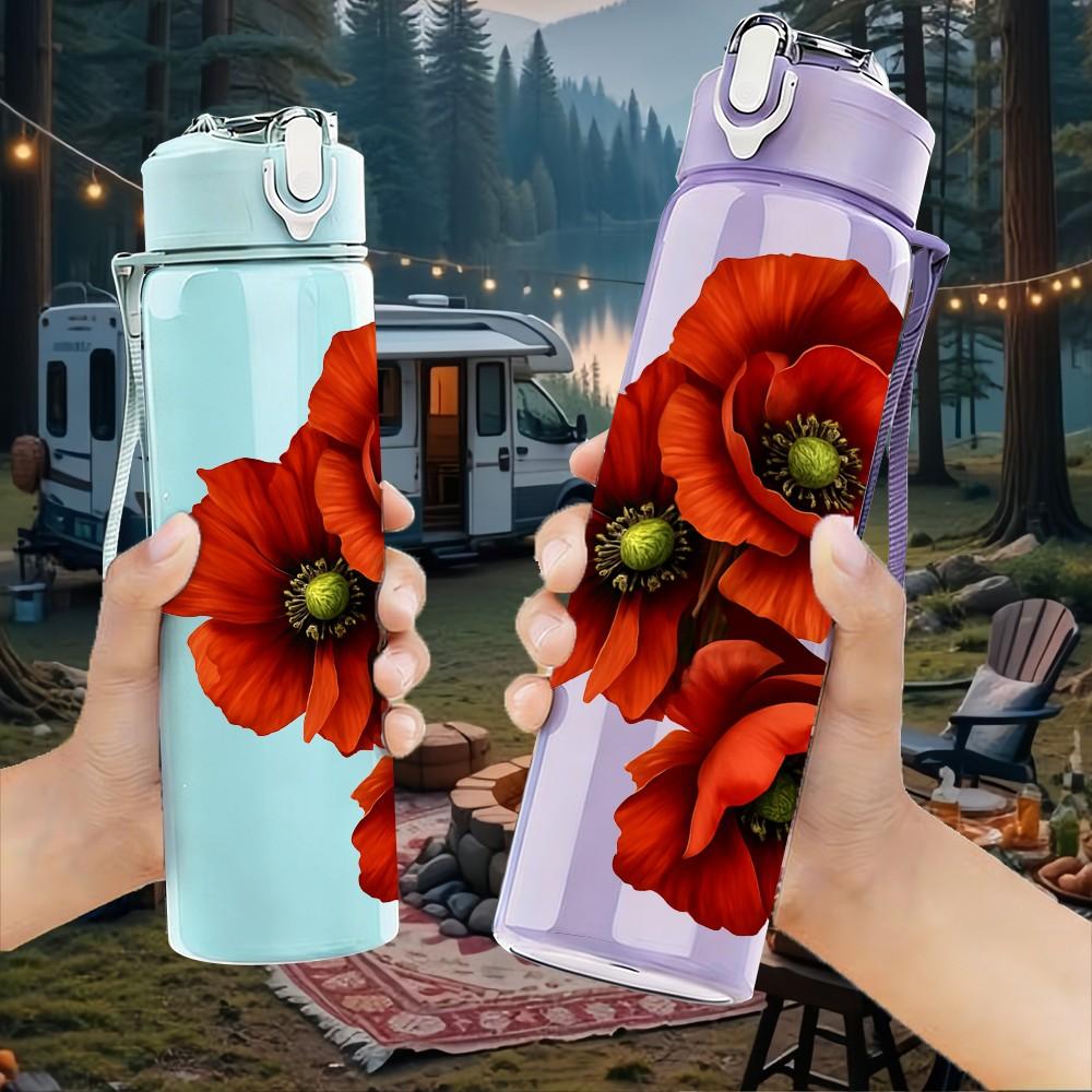 1PC Red Poppy Flower Bouquet Print 750ml Color Plastic Sports Water Bottle Leakproof Flip Straw Lid Suitable for Sports Office Home Use
