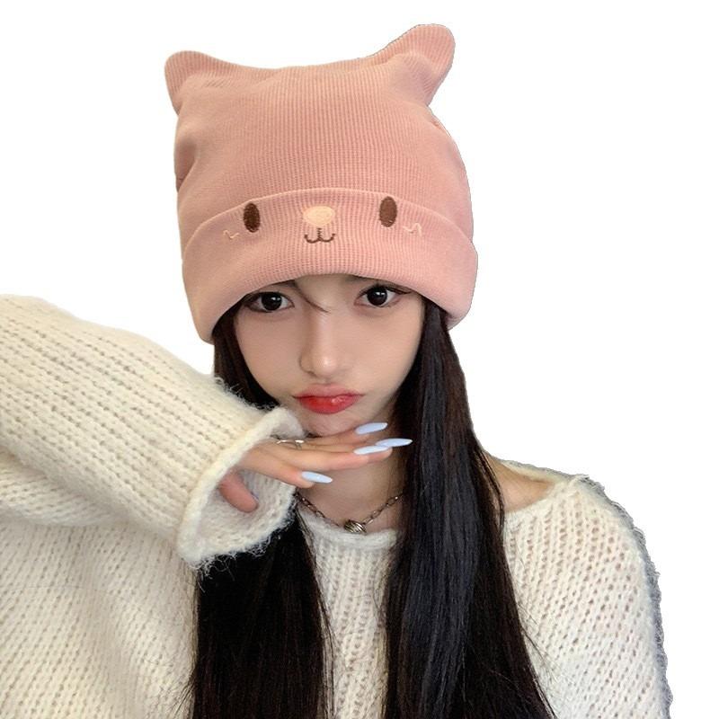 Gestrickte Wollmütze Damen Herbst und Winter Cartoon niedliche Hasenohrmütze Stapelmütze warme Mütze Kältemütze