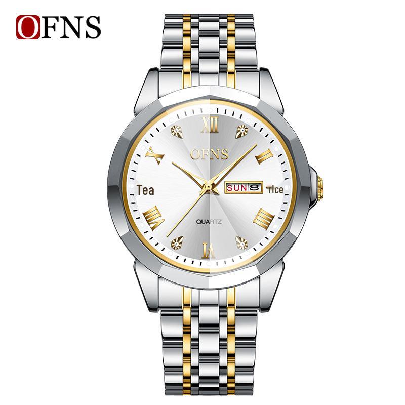 Oufanni Couple s Waterproof Quartz Watches with Double Calendar Luminous Steel Band