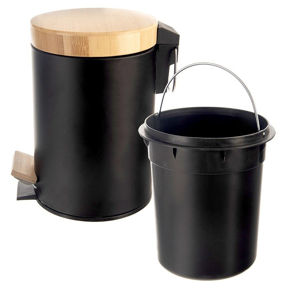 Kosz na Śmieci Metalowy Bambusowy Czarny z Pedałem Wiadrem Łazienkowy 3L