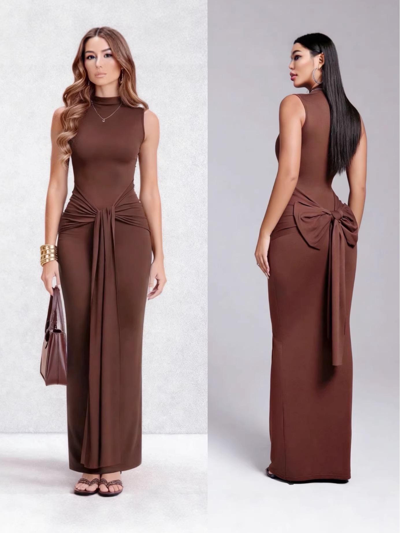 Европейское женское длинное облегающее платье без рукавов с круглым вырезом Medium кофейный