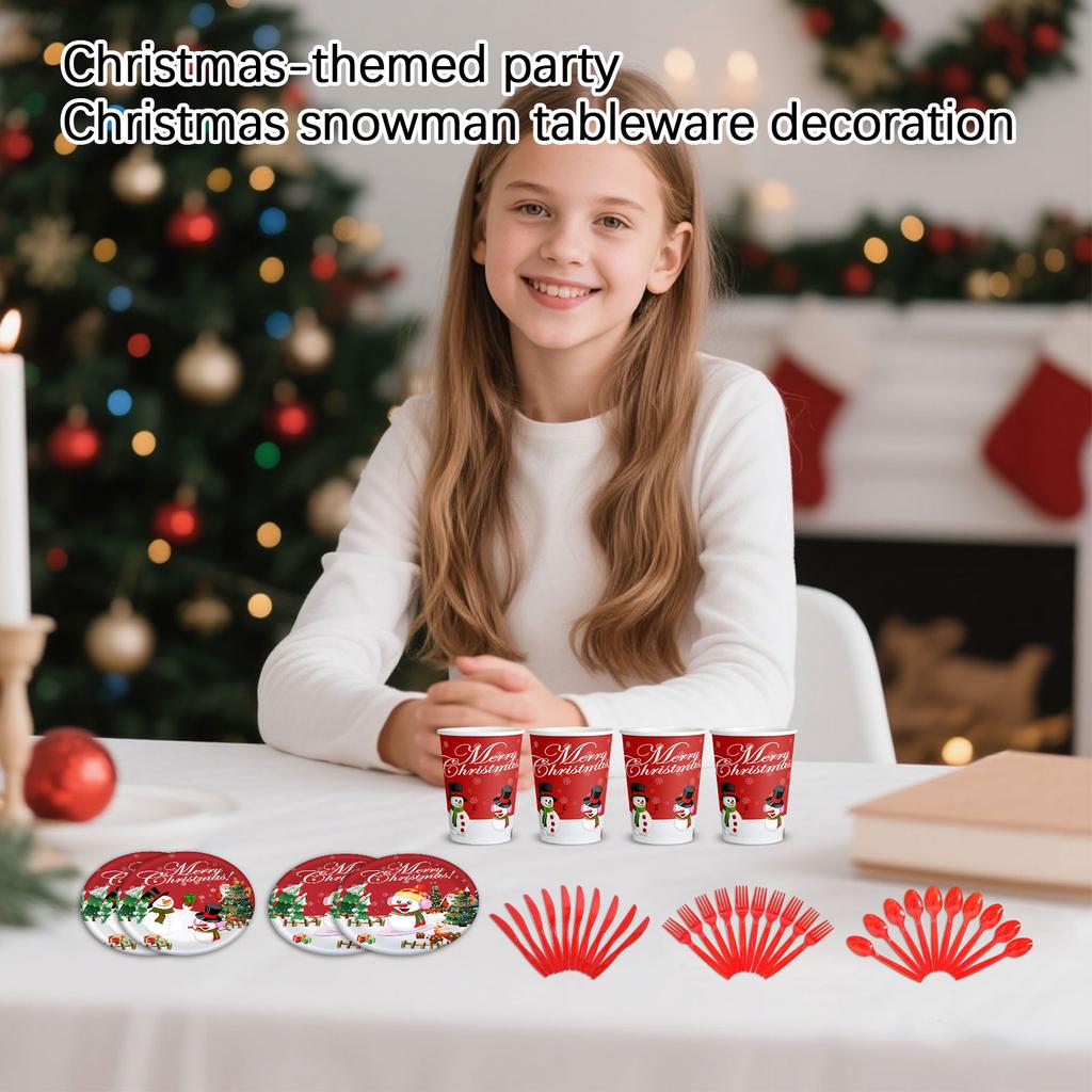 Christmas Themed Party Decoration, Christmas Snowman Paper Cup, Paper Tray, Knife, Fork, Spoon