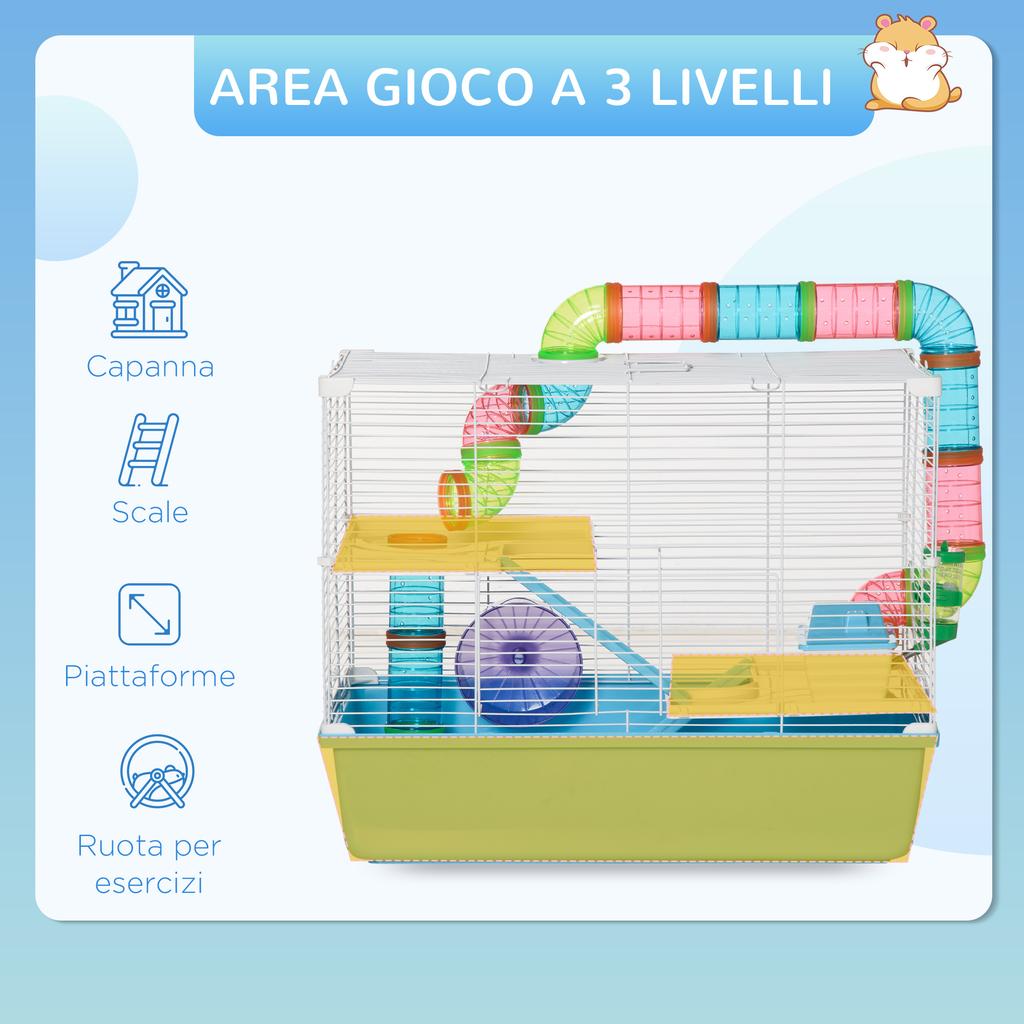 3-Tier Hamster Cage with Tubes, House, Water Tank and Wheel, 59x36x47 cm