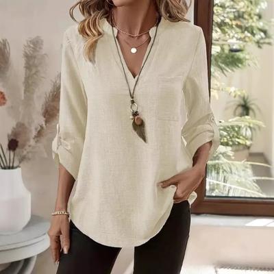 New Spring and Summer Shirt Women's Casual Loose Plus Size V-neck Solid Color Shirt