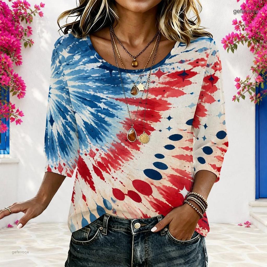 Women Plus Size Round Neck Half Sleeve Star Printed Navy Blue Loose Blouse