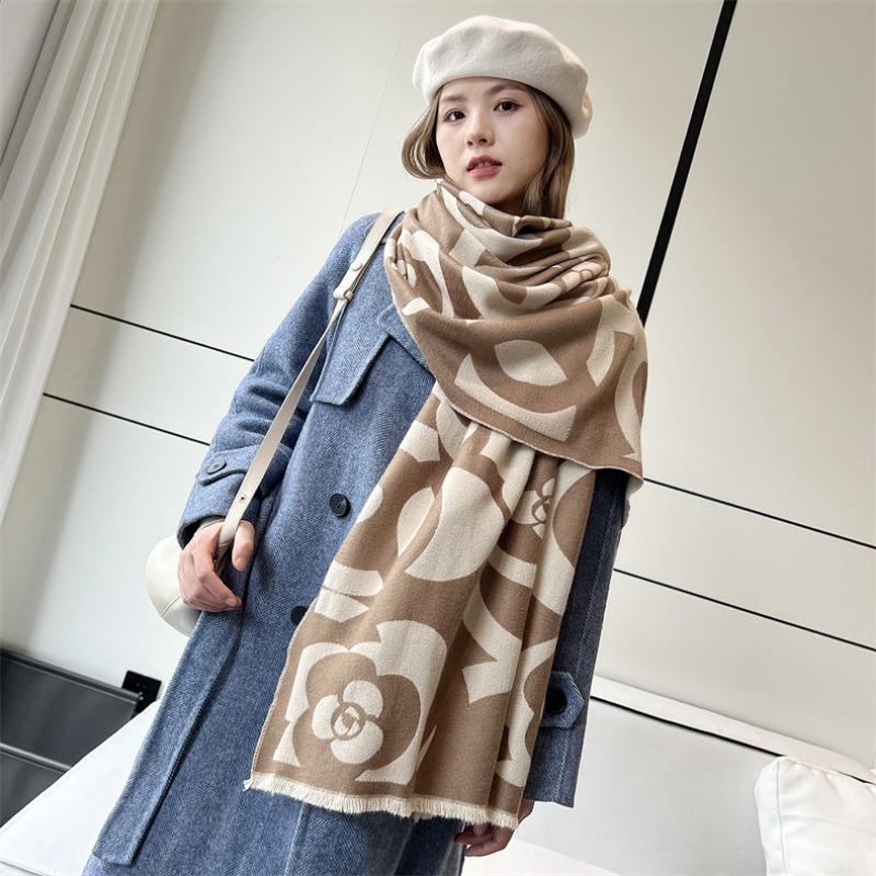 

Winter camellia double-sided imitation cashmere jacquard shawl women s versatile core-spun yarn scarf thickened warm scarf 190X65cm хаки
