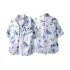 Blue Bamboo Leaf Print Ink Wash Short Sleeve Loose Shirt