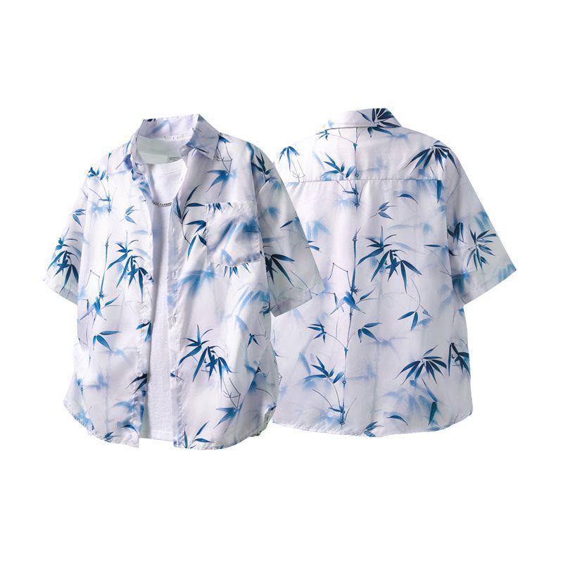 Blue Bamboo Leaf Print Ink Wash Short Sleeve Loose Shirt