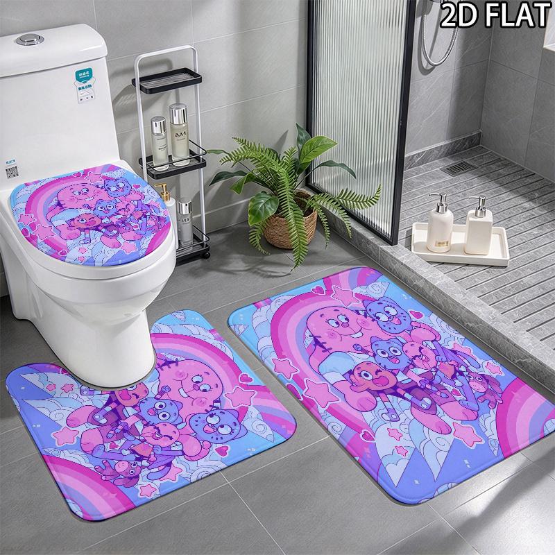3pcs The Amazing World of Gumball Pattern Flannel Nonslip Absorbent Washable Decorative Bathroom Home Toilet Seat Cover Mat