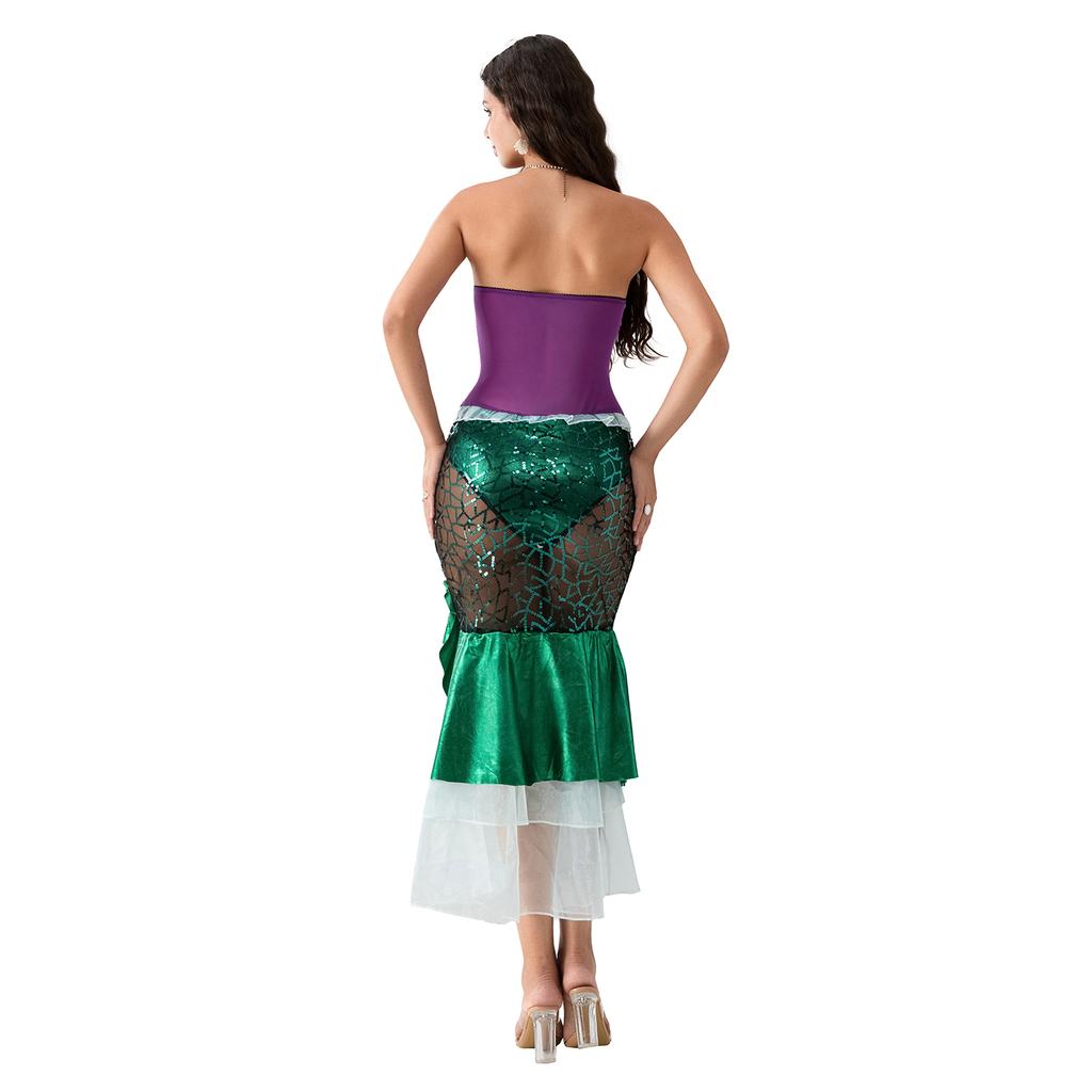 Women's Mermaid Party Costume, Strapless Tube Tops Ruffle Sequin Long Tail Cosplay Fancy Dress