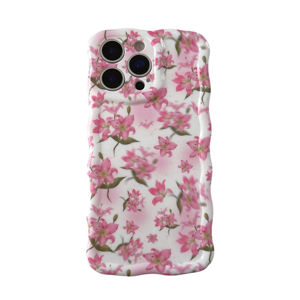 Japanese and Korean smudged pink flowers for iPhone16promax Apple 15 mobile phone case 14/13 wave case IMD