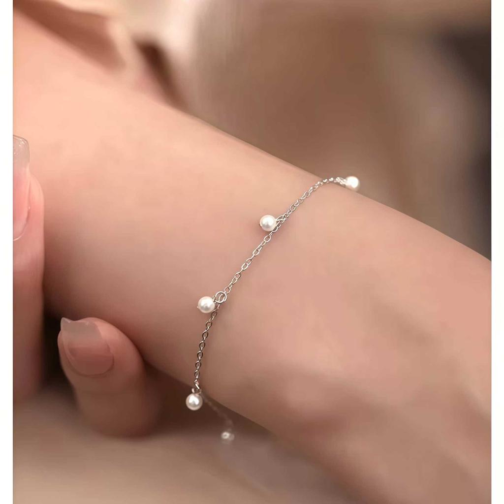S925 Sterling Silver Tassel Round Bead Pearl Bracelet - Women's Japanese & Korean Niche Fashion Jewelry