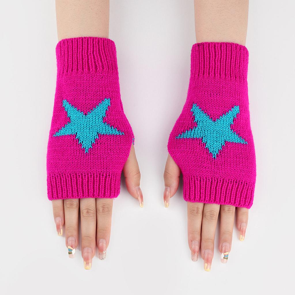Korean Y2K Star Knitted Gloves Women Girls Fashion Pentagram Fingerless Gloves Winter Soft Hand Warmer Woolen Half Finger Gloves
