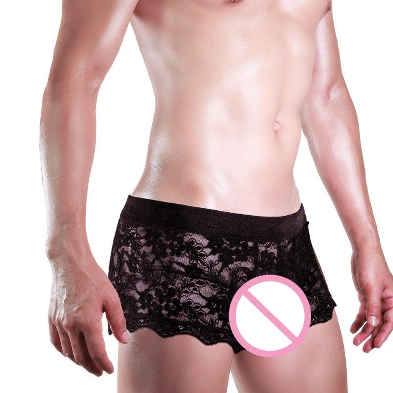 Men'S Floral Lace Boxers Sissy Lingerie Sexy Low Rise Mesh See Through Underwear For Men With Lace Back Tie Underpanties Trunks
