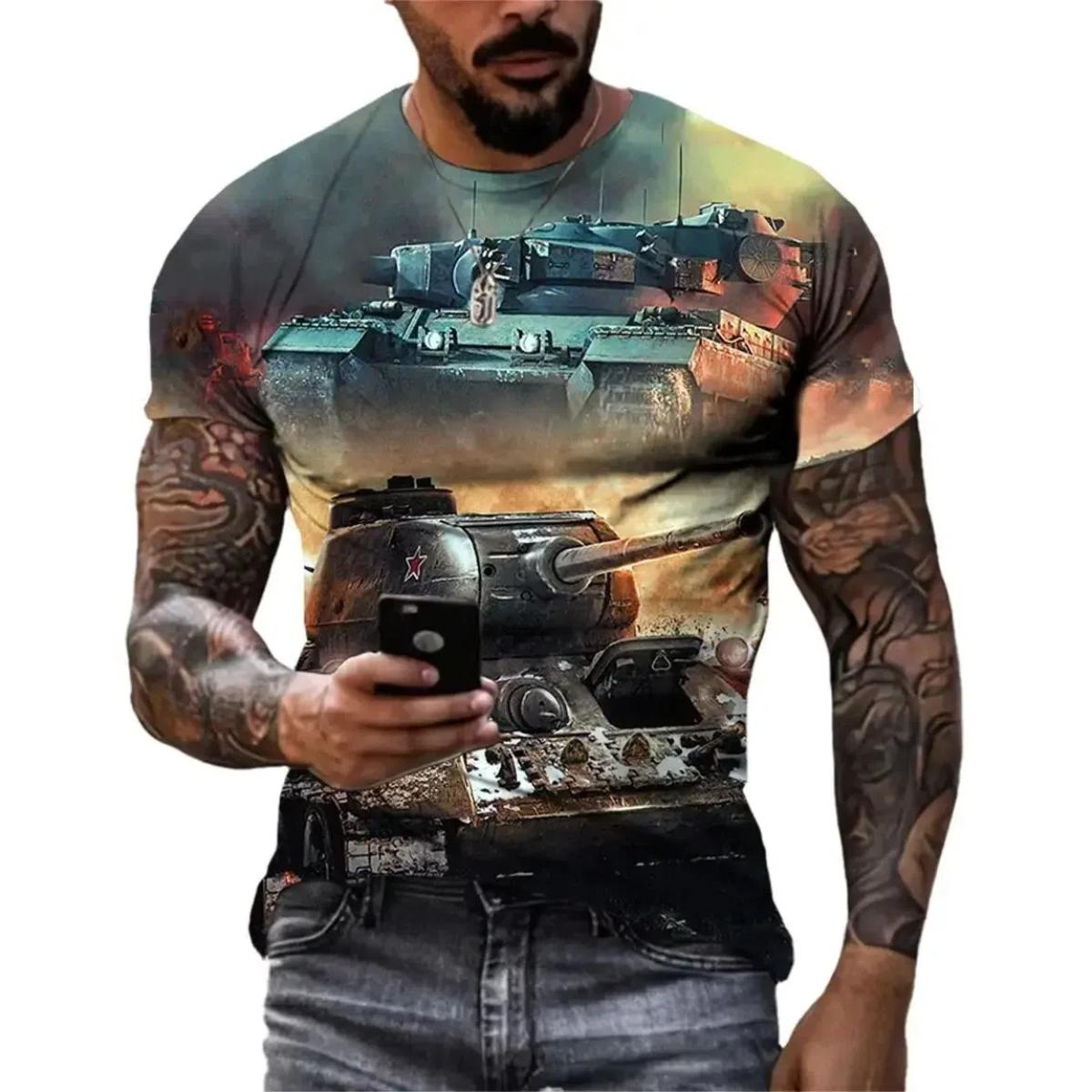 

Летний мужской прочный уличный стиль, 3D-принт, армейский танк, военный узор, О-образный воротник, короткий рукав, тренд, свободный, большого размера, дышащий топ 5XL