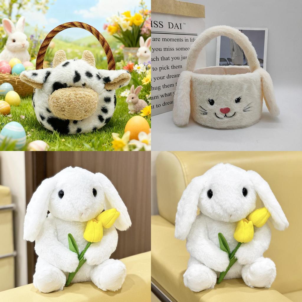 Cow Easter Basket Plush Toy With Pp Cotton For Holiday Gift And Decor