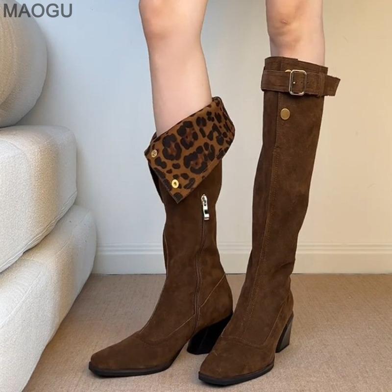 Foldable Two Way Wear Women s Cowboy Boots Belt Buckle Chunky Heel Western Riding Knee-High Pleated Long Boots Brown Size 35-40 40 4830₽