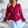 Casual Long Sleeve Chiffon Blouse V Neck Solid Color Summer Spring Waist Button Lantern Sleeve All Match Sizes S XL