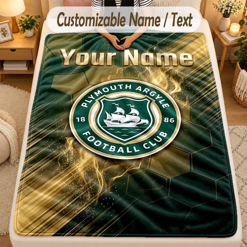 Flannel BlanketPlymouth Argyle FC Custom Name Text Personalized Soft Warm Throw Blanket Home Decor Gift