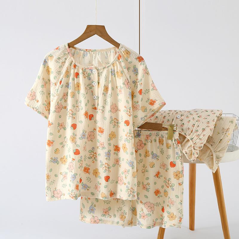 Cotton Yarn Pajamas Women's Summer Round Neck Short-sleeved Shorts Pullover Shoulder Plug Sweet Summer Thin Cotton Loungewear Set