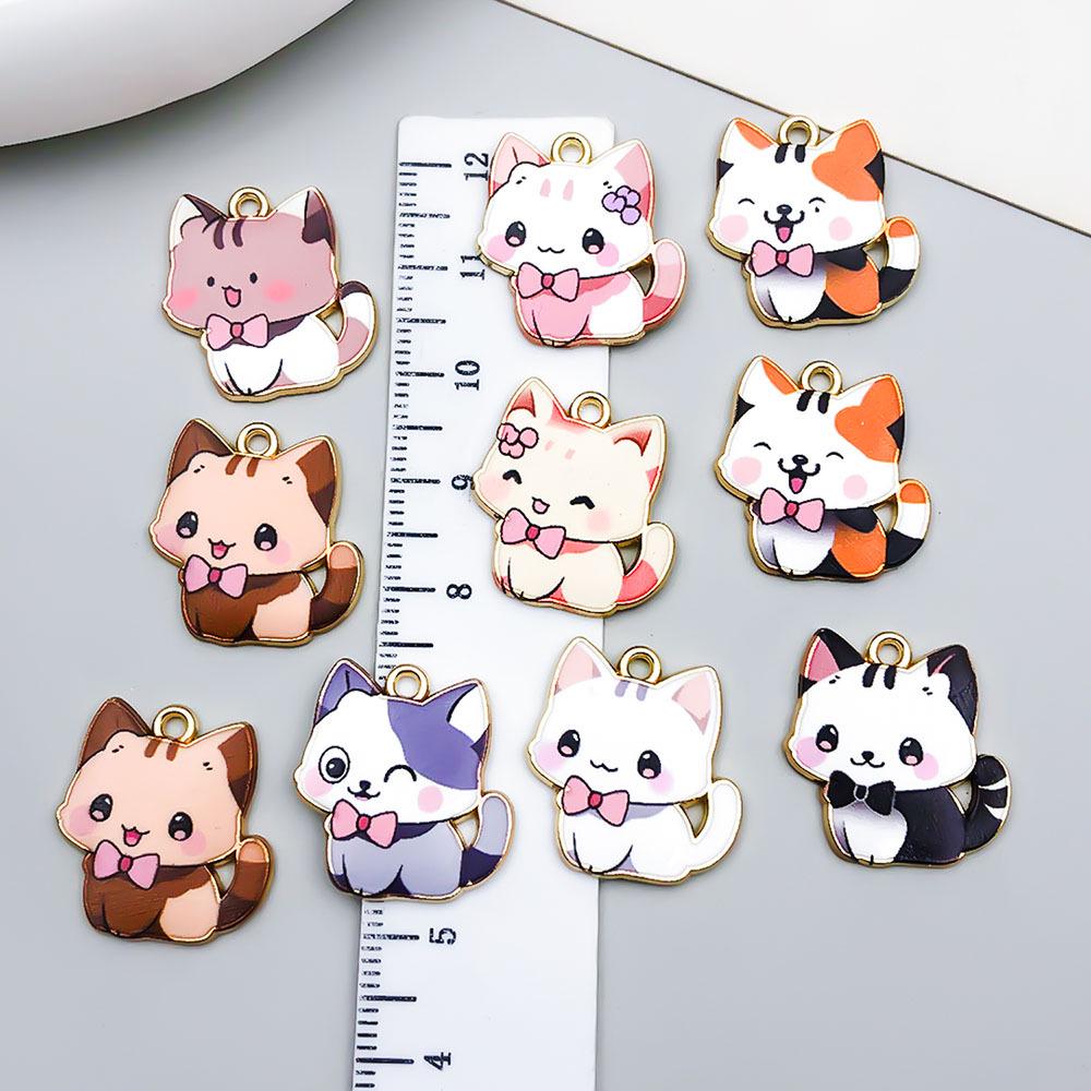 Colorful Enamel Alloy Cat Charms for DIY Bracelets - Set of 10
